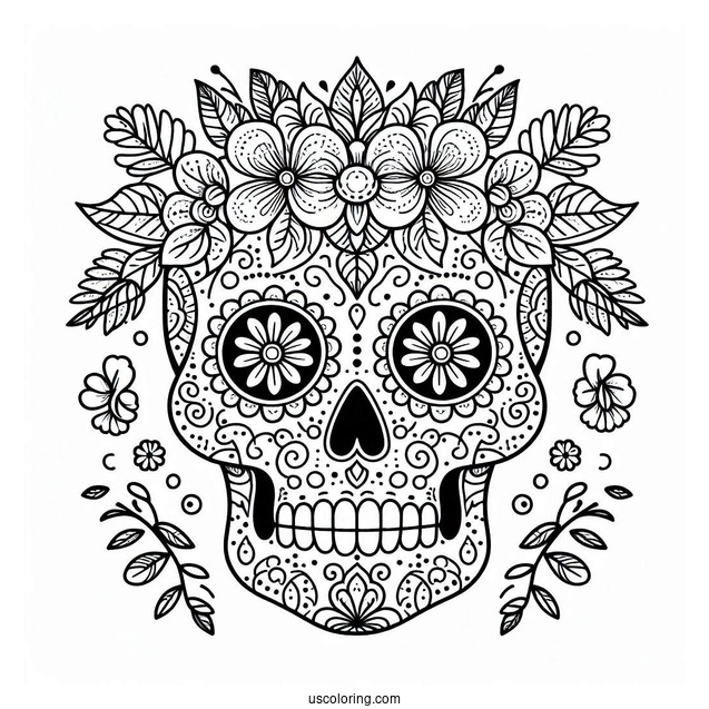 Sugar Skulls Coloring Page With Floral Patterns For Preschoolers
