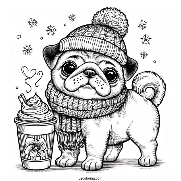 Winter Pug with Latte and Scarf Coloring Page