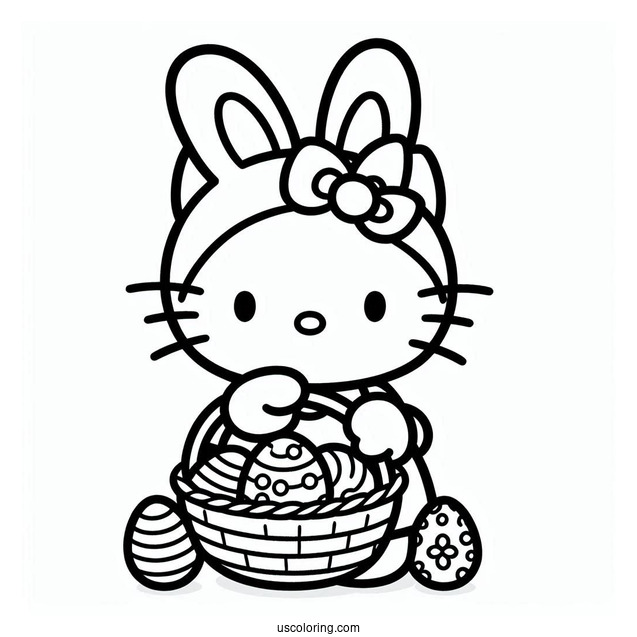 Hello Kitty In Easter Bunny Coloring Page Costume Carrying Basket Of Eggs