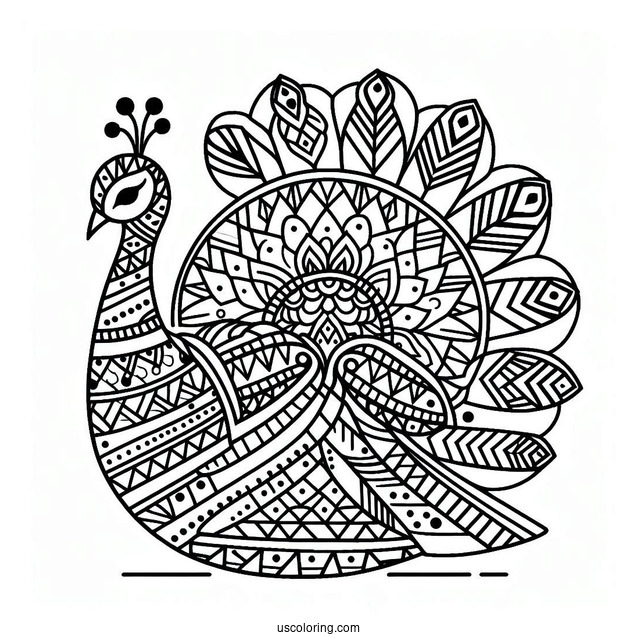 Geometric Peacock Coloring Page With Patterned Tail For Kids