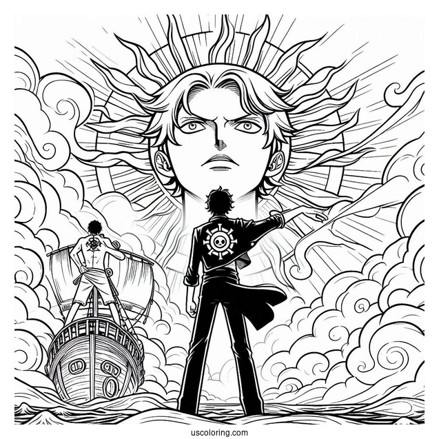 One Piece Coloring Page Of Portgas D. Ace In Front Of Sun