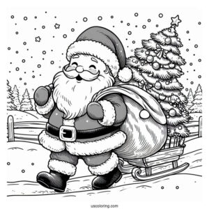 Santa Claus Hauling a Christmas Tree In The Snow
