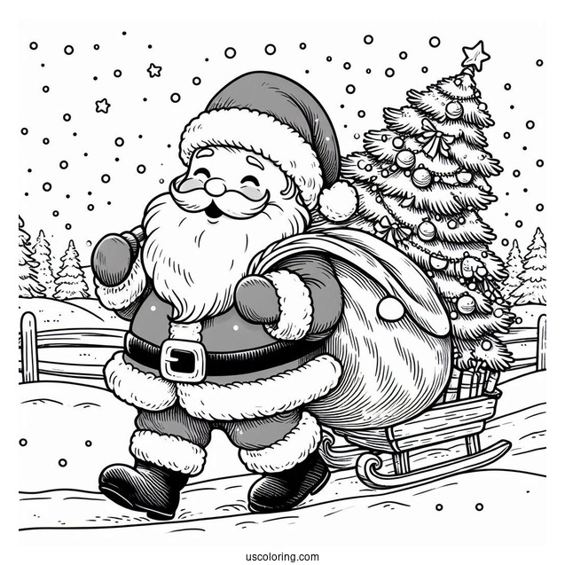 Santa Claus Hauling a Christmas Tree In The Snow