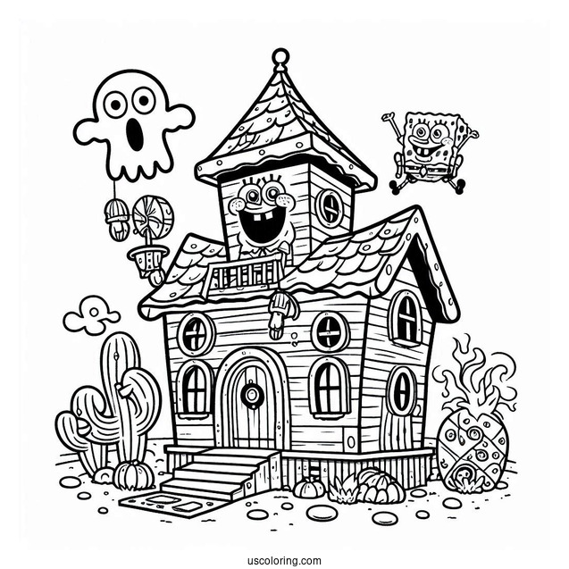 Adorable SpongeBob Coloring Page In Front Of Haunted House