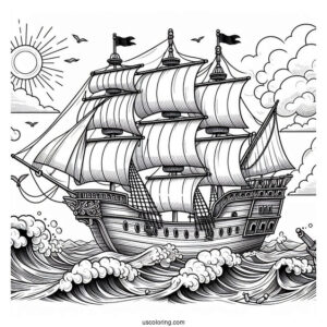 Realistic Pirate Ship Coloring Page With Large Waves At The Side