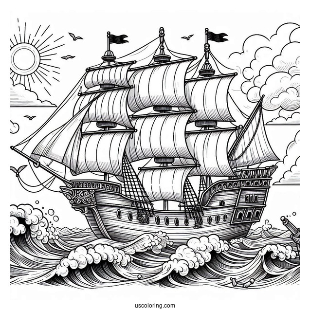 Realistic Pirate Ship Coloring Page With Large Waves At The Side