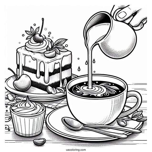 Milk Being Poured Into Coffee Coloring Pages Of Cup With Dessert On Table