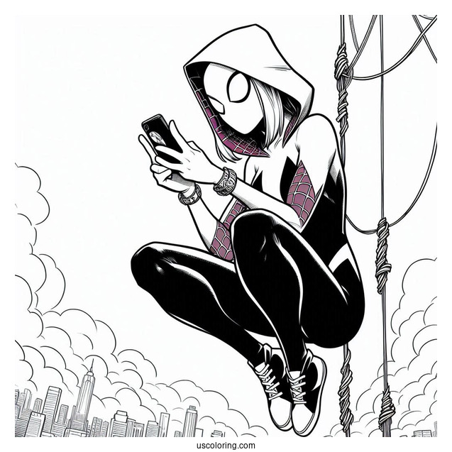 Spider-Gwen Coloring Page Texting While Swinging From A Web