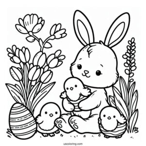 Easter Coloring Page Of Bunny Holding Chicks