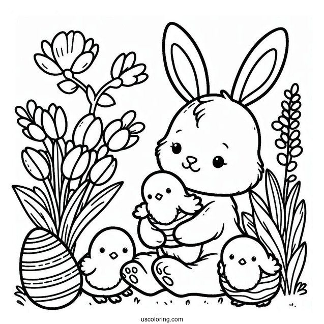 Easter Coloring Page Of Bunny Holding Chicks