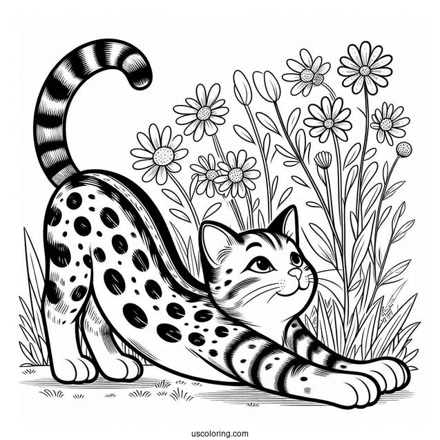Spotted Cat Stretching In Backyard Coloring In