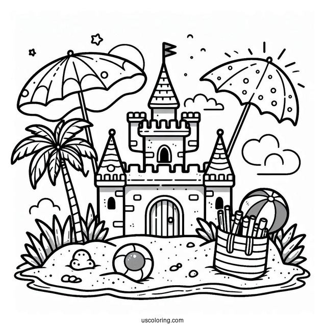 Easy Sand Castle With Umbrella And Beach Ball Coloring Sheet