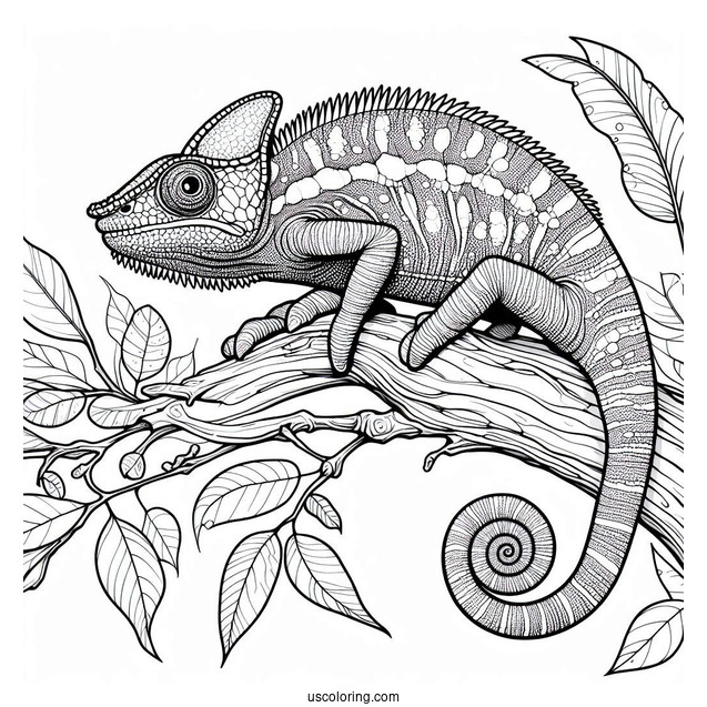 Lizard Coloring Page of Jackson's Chameleon On Tree Branch