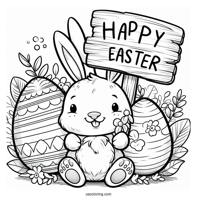 Bunny Holding Happy Easter Coloring Page Of Sign Next To Large Easter Eggs