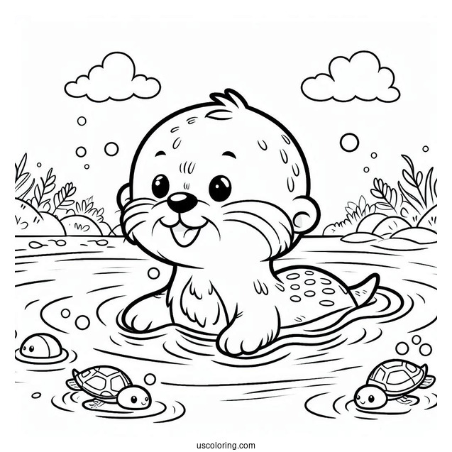Cartoon Otter Coloring Page Swimming In River For Kids