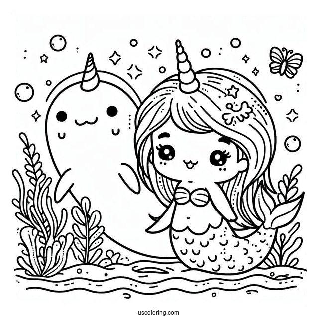 Kawaii Mermaid And Narwhal Coloring Page Under The Sea