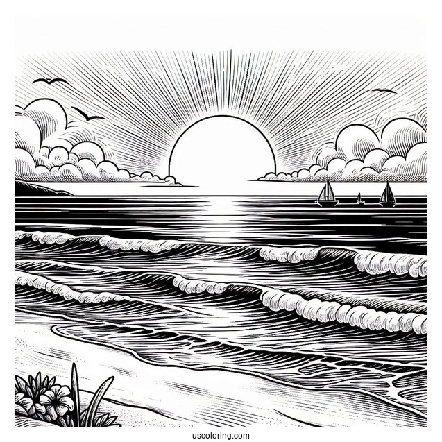 Sun Rising On The Horizon At The Beach Coloring Page