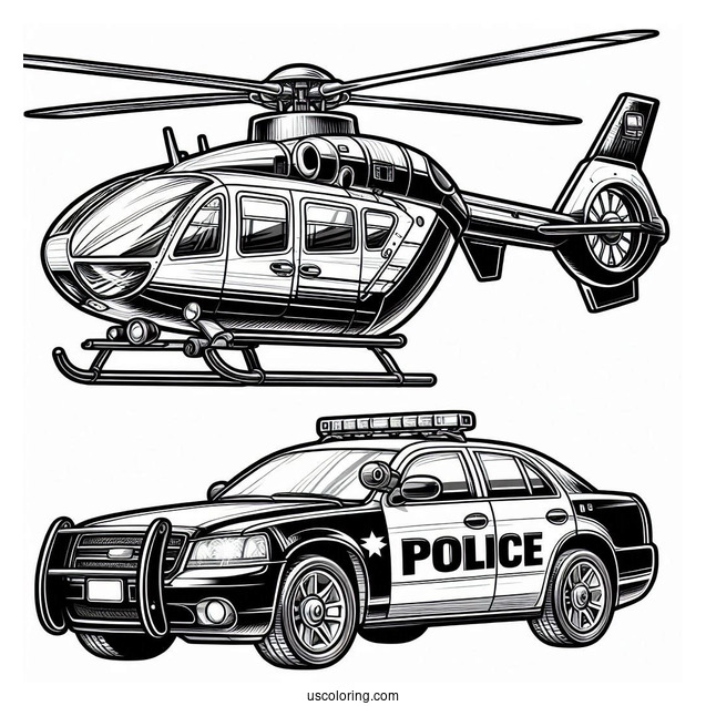 Helicopter Hovering Above A Police Car Coloring Page