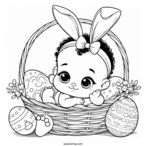 Baby Coloring Page With Bunny Ears In A Basket With Easter Eggs