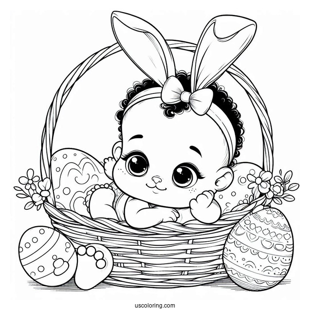 Baby Coloring Page With Bunny Ears In A Basket With Easter Eggs