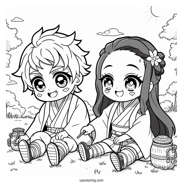 Chibi Tanjiro And Nezuko coloring Page Playing Outdoors For Kids