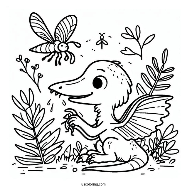 Baby Pterodactyl Coloring Page Eating Bug