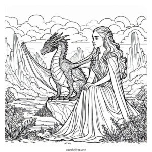 Daenerys Targaryen Sitting On A Rock Next To Her Dragon