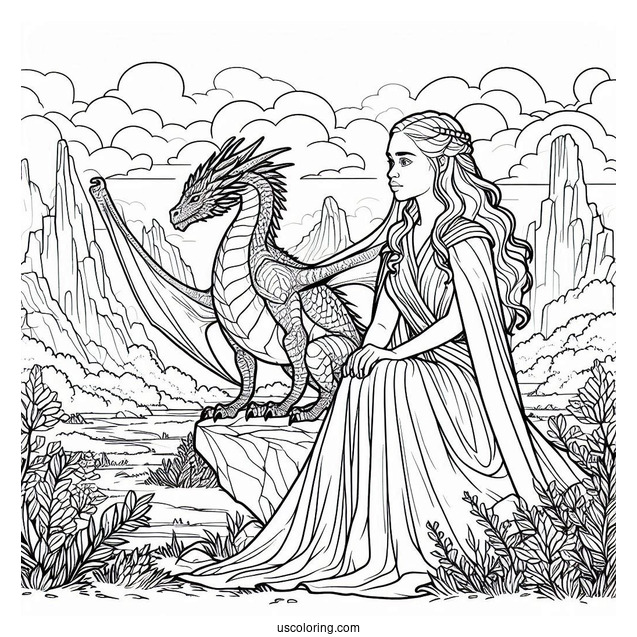 Daenerys Targaryen Sitting On A Rock Next To Her Dragon
