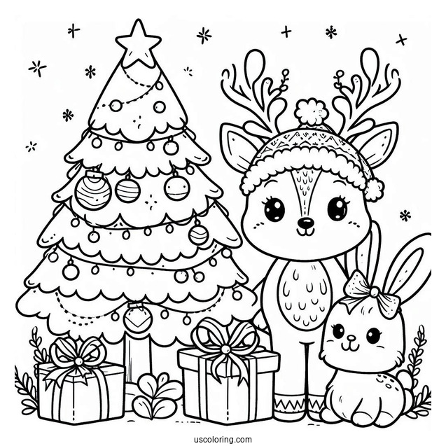 Cute Reindeer And Bunny With Christmas Tree