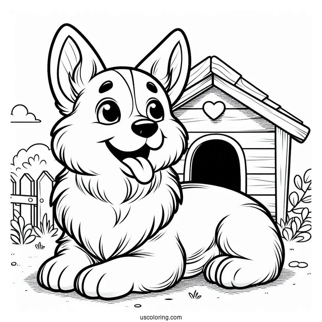 Smiling Corgi Coloring Page Lying Outside Dog House
