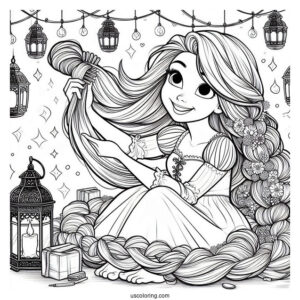 Rapunzel Brushing Hair With Lanterns In The Background