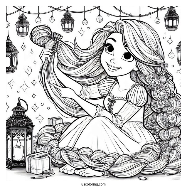 Rapunzel Brushing Hair With Lanterns In The Background