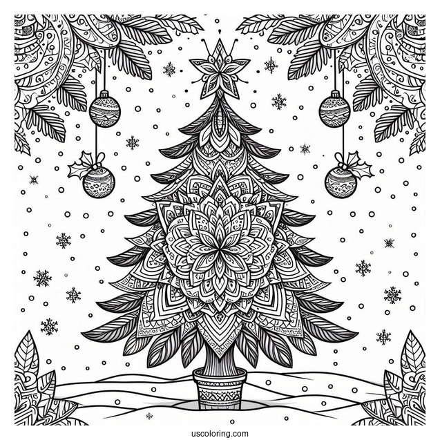 Christmas Tree Surrounded By Snow And Mistletoe Christmas Mandala Coloring Page
