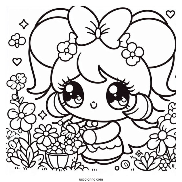 Kawaii My Melody Coloring Page Picking Flowers