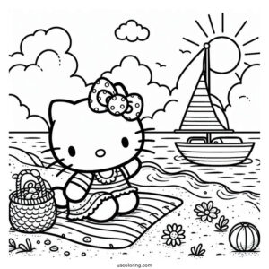 Pretty Hello Kitty At The Beach With A Sailboat Behind Her