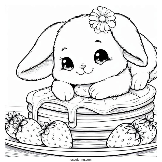Adorable Bunny On Top Of Two Pancakes With Strawberries