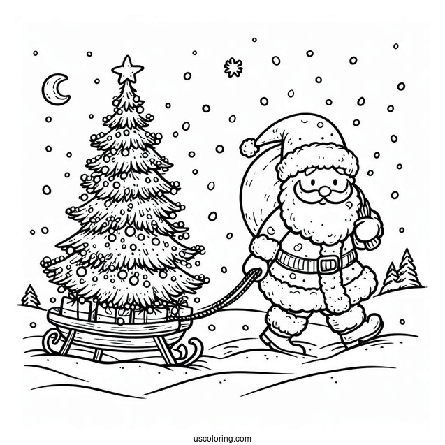 Santa Claus Hauling a Christmas Tree In The Snow