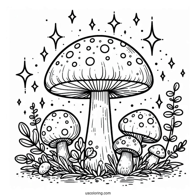 Fantasy Mushroom Coloring Page With Sparkles