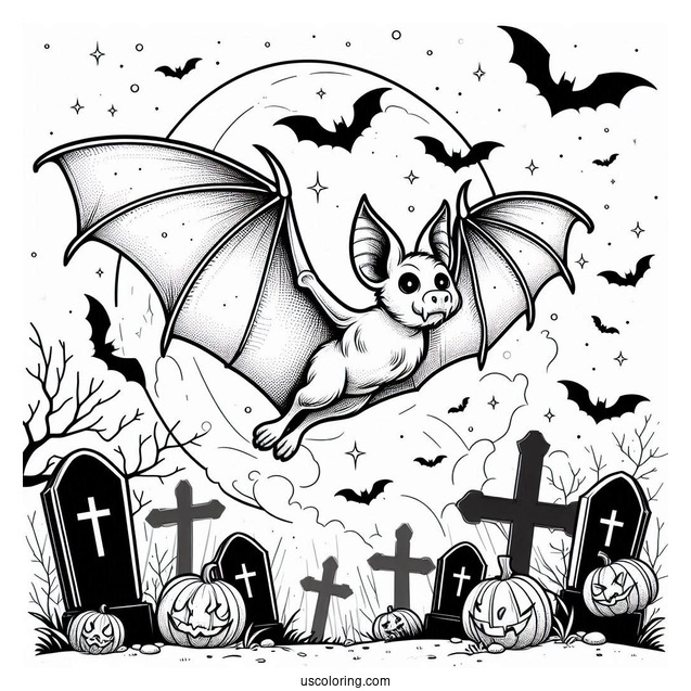 Large Bat Coloring Page Flying Over Tombstones Halloween