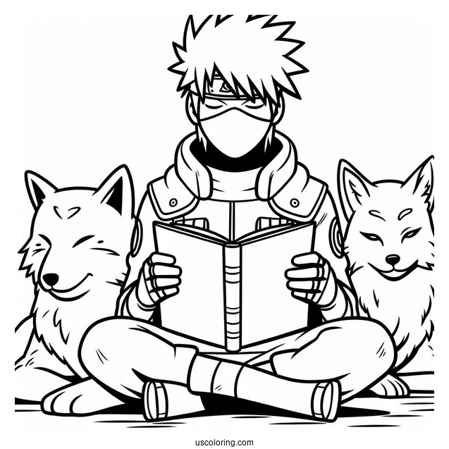 Kakashi Coloring Page Reading While Pakun And The Pack Sleeps Around Him