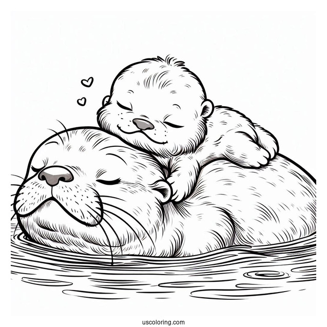 Baby Otter Coloring Page Sleeping On Top Of Mother Otter While Floating