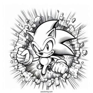 Realistic Super Sonic Coloring Page Breaking Through Wall