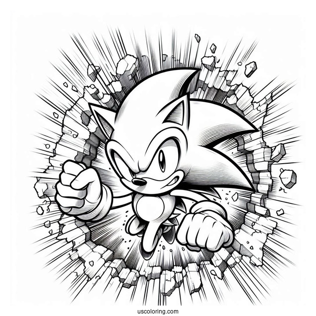 Realistic Super Sonic Coloring Page Breaking Through Wall