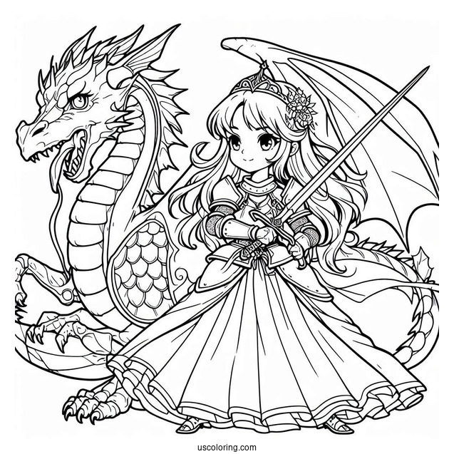 Coloring Sheet Of Girl Knight To Fight Dragon