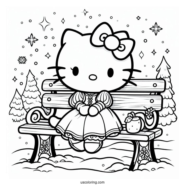 Hello Kitty Sitting On A Bench With Snow White Coloring Pages