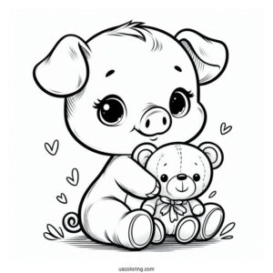 Baby Piglet Coloring Page Holding A Teddy Bear For Preschoolers
