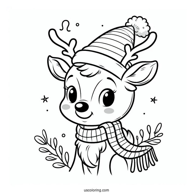 Easy Rudolph Coloring Page Wearing A Santa Hat And A Scarf