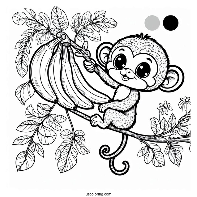 Little Monkey Hanging On A Vine Beside A Cool Banana Coloring Page
