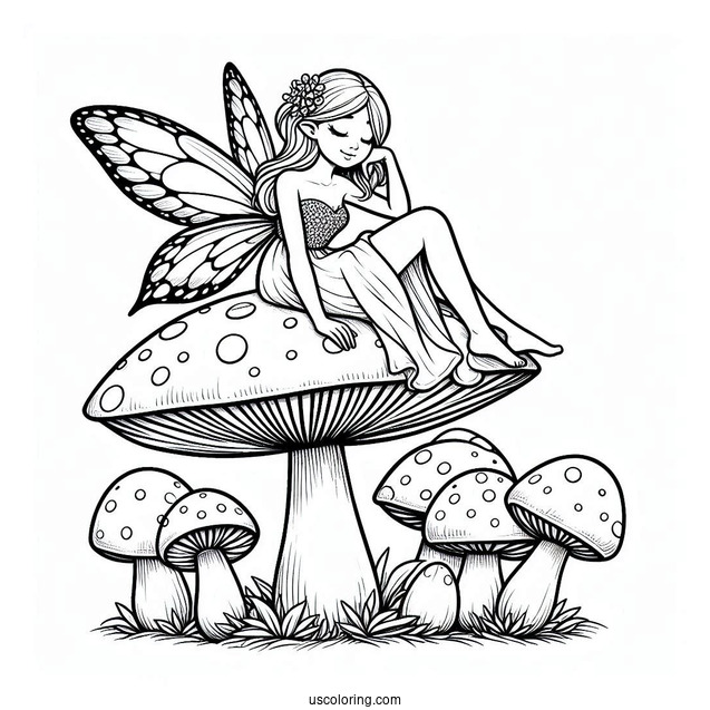 Beautiful Fairy Lounging On Top Of A Mushroom Coloring Page