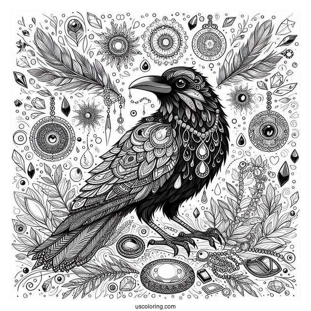 Raven Coloring Page Surrounded By Shiny Jewelry